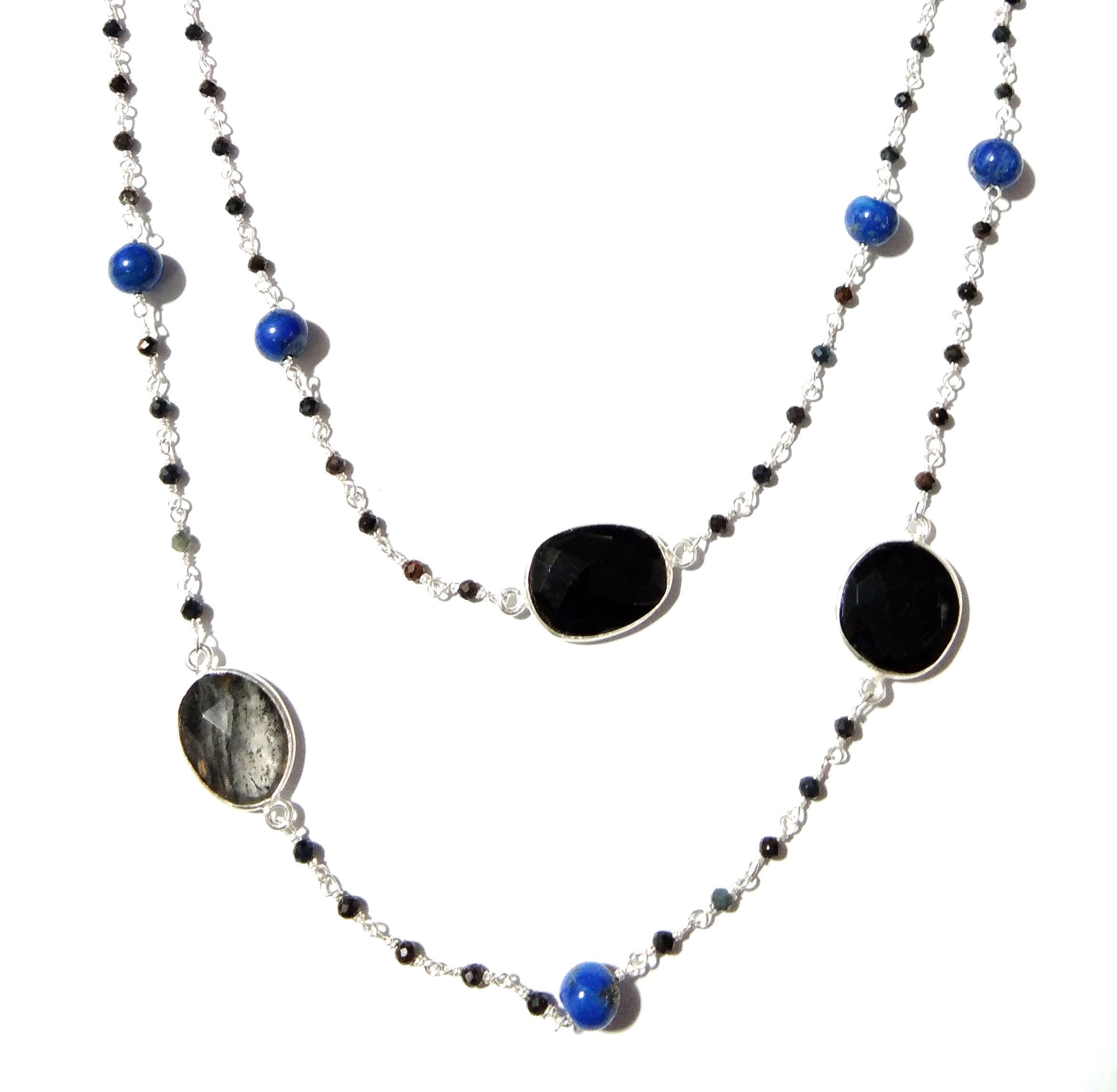 44'' Log Necklace ! Black Rutile Necklace With Lapis Lazuli & Black Onyx, 925 Sterling Silver Jewelry, Handmade Beaded Necklace.